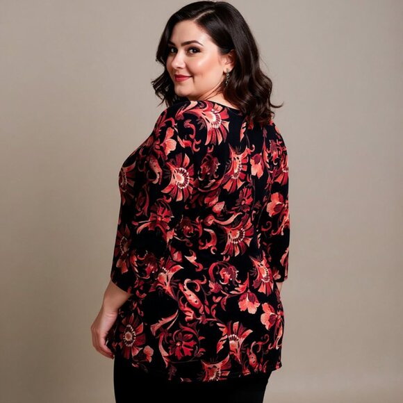 CATHERINES PETITE 1XWP VELVET FLORAL TUNIC TOP BLACK RED STRETCH 3/4 SLEEVE - Picture 2 of 10